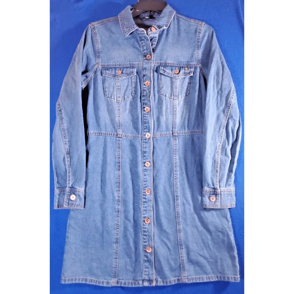 Frye Shirt Dress Women's Small Blue Denim Long Sleeve Button Front Tunic Pockets - Picture 1 of 15